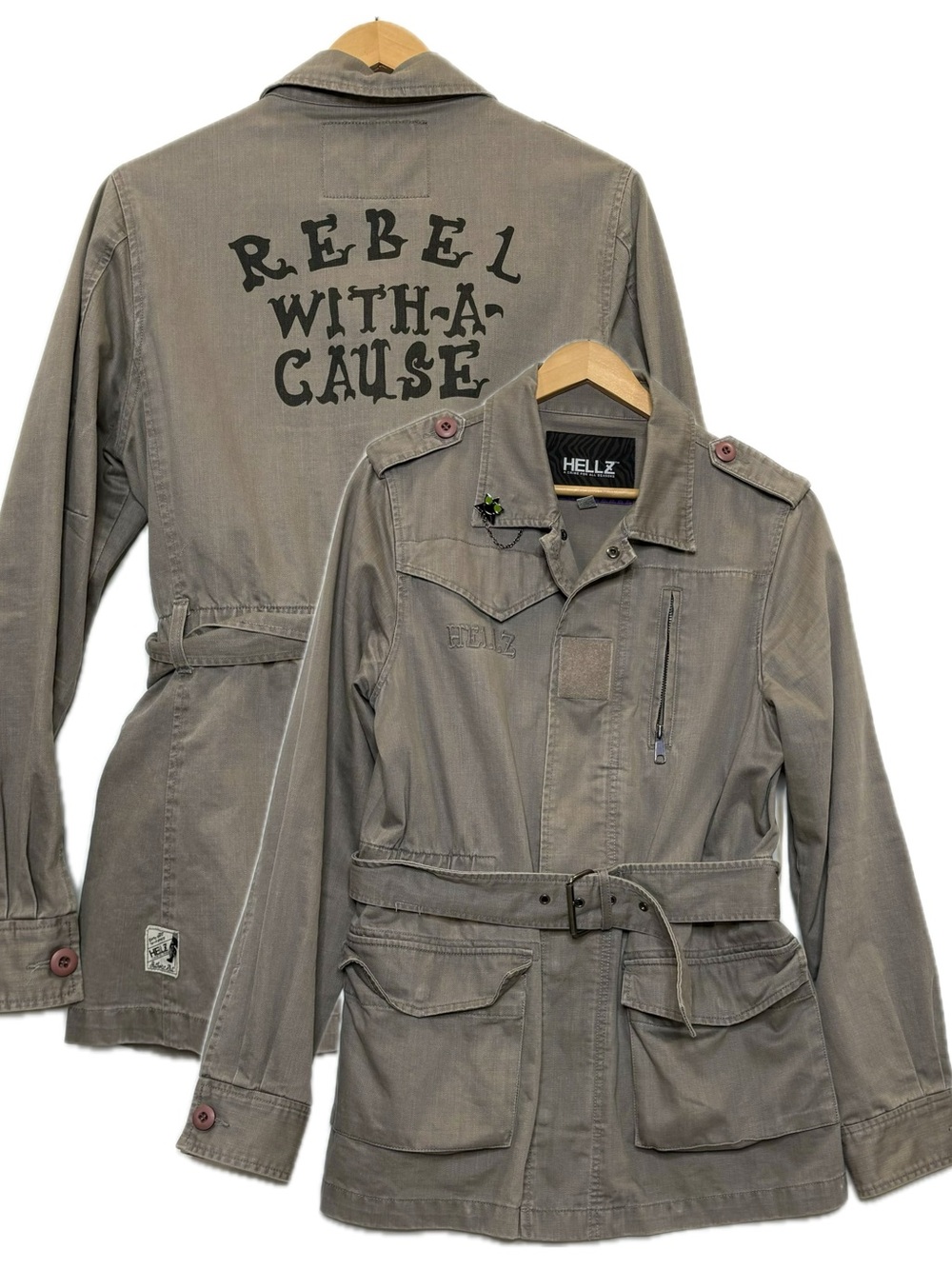 HELLZ Cargo pocket Utility Long Jacket Womens Size Large Taupe Graphic Back